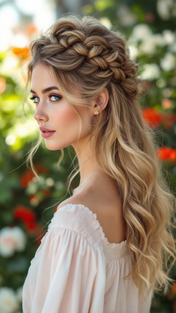 A beautiful half-up twisted braid hairstyle on medium-length hair, featuring soft waves and an elegant braid framing the face.