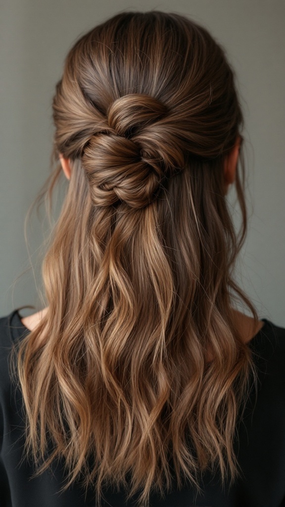 A classic half-up hairstyle with a smooth finish, featuring a neat twist and soft waves