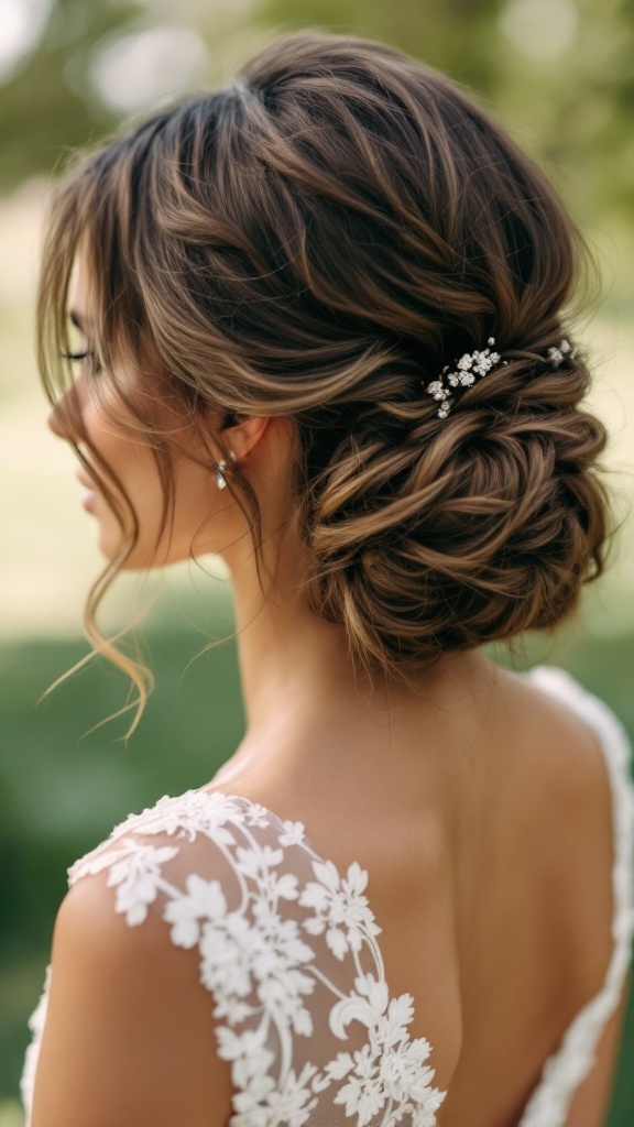 Elegant half up half down bun hairstyle for a wedding, featuring soft waves and a decorative hairpin.