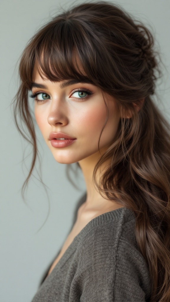 A woman with half up half down hairstyle and side bangs, displaying a soft and elegant look.