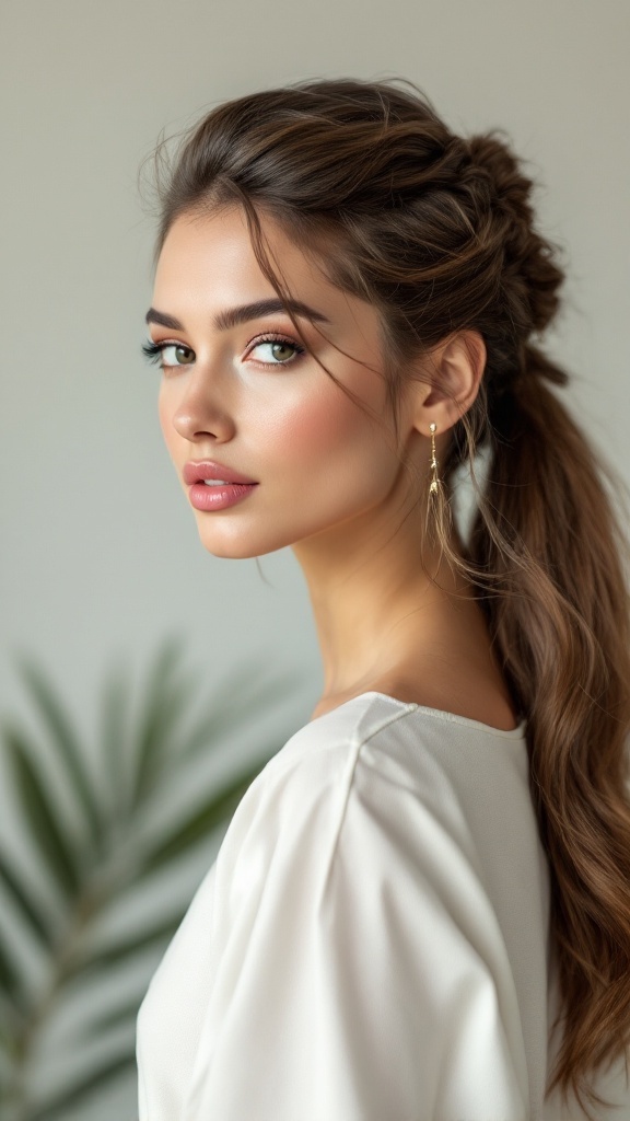 A model with a classic half up ponytail hairstyle, showcasing a natural look.