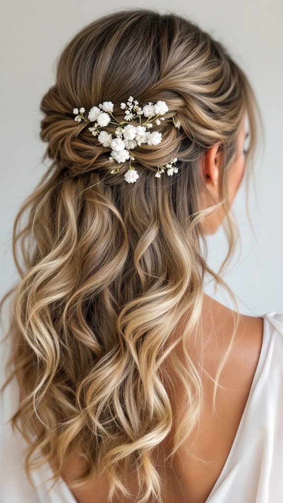 A classic half up half down hairstyle featuring curls and white floral accents.