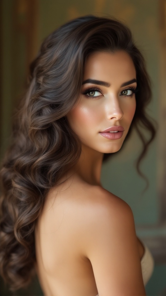 A woman with long, wavy hair styled in classic Hollywood glam, showcasing elegance and sophistication.
