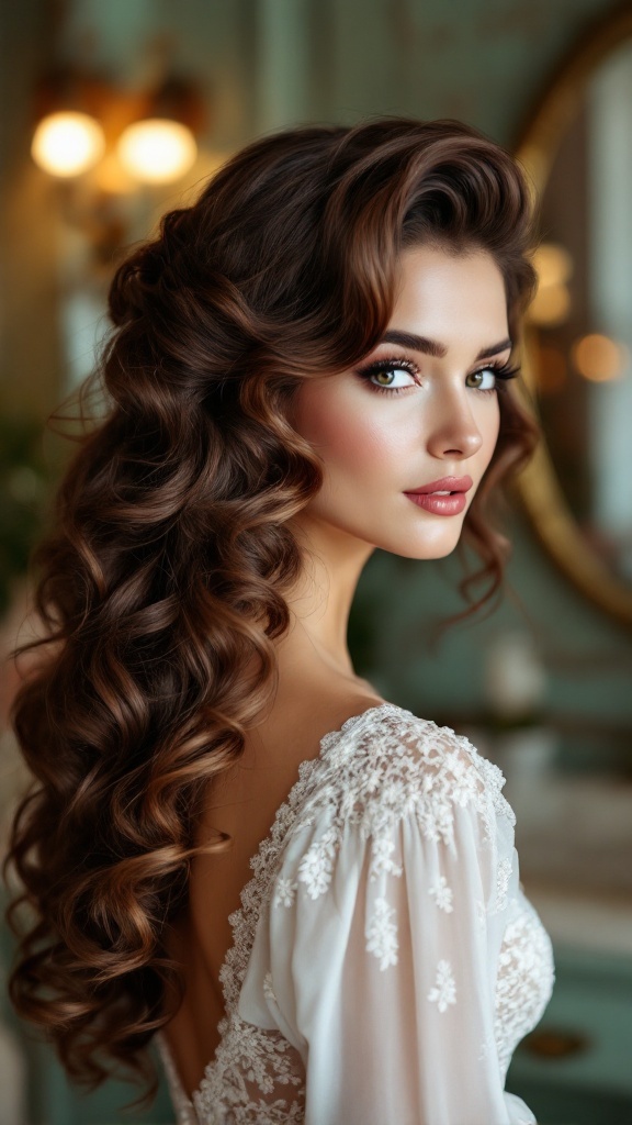 A woman with classic Hollywood glamour curls, wearing a beautiful wedding dress.