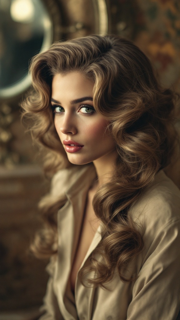 A woman with classic Hollywood waves hairstyle, showcasing elegant hair in a soft, romantic style.