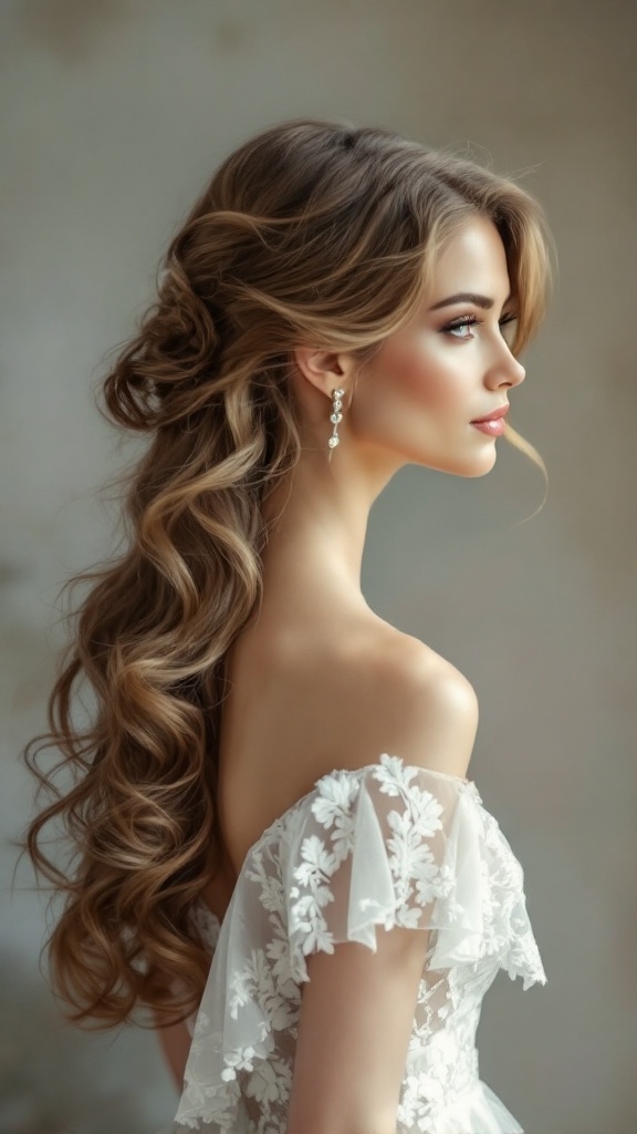 Bride with classic Hollywood waves and side-swept bangs, wearing a floral lace gown