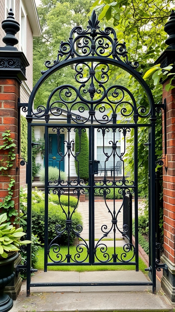A beautiful black iron gate with intricate designs leading to a garden path.