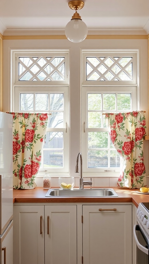 A vintage-inspired kitchen with lattice windows and floral curtains