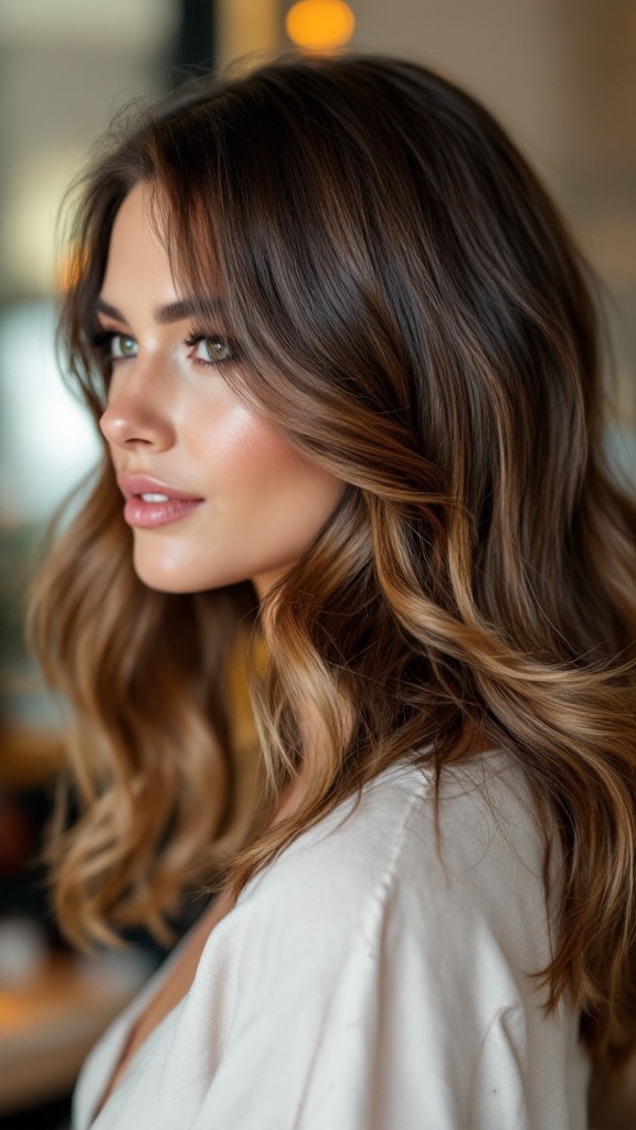 A woman with medium-length layered hair, showcasing a classic layered cut with a shiny finish.