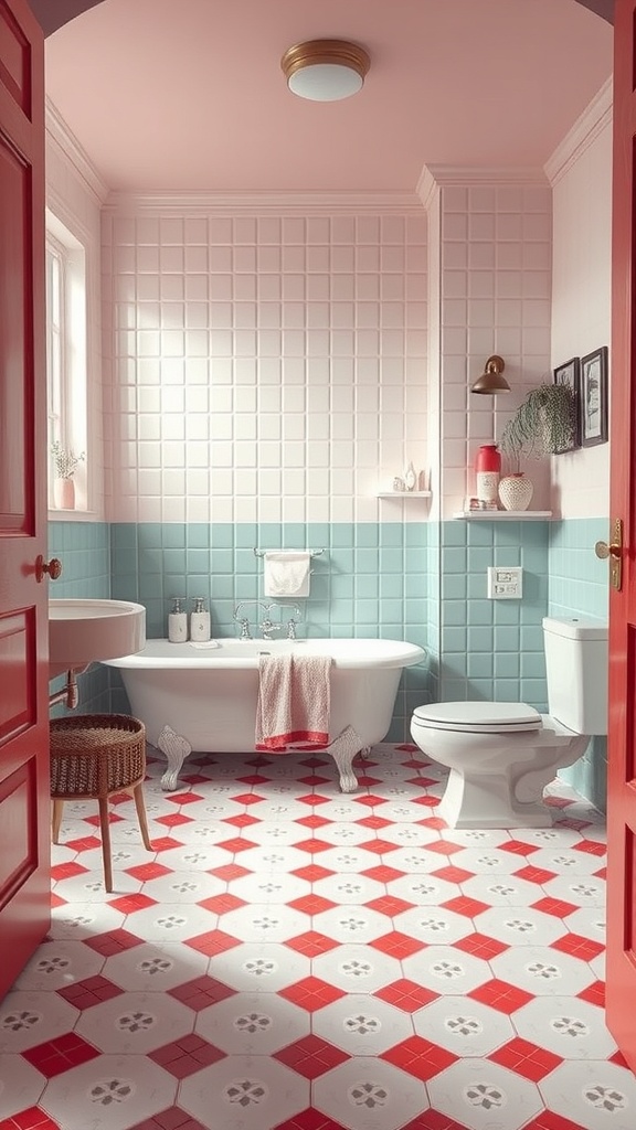 A stylish bathroom featuring classic linoleum flooring with a red and white pattern, blue tiled walls, and a red door.