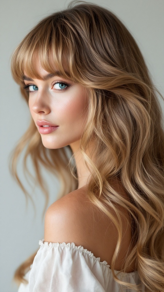 A woman with long wavy hair and a classic fringe hairstyle, showcasing soft layers.