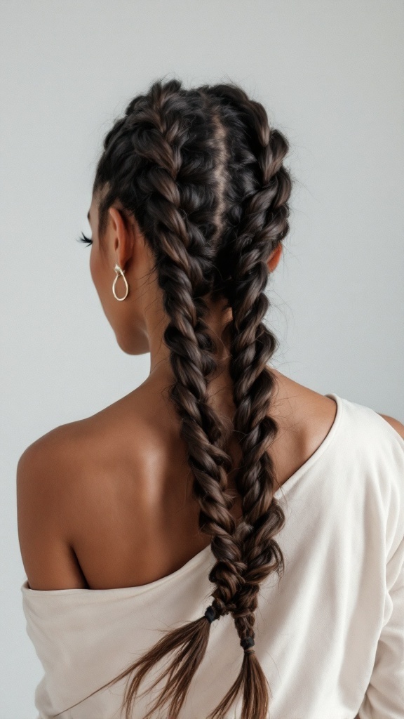 A woman with two long knotless braids styled neatly down her back.