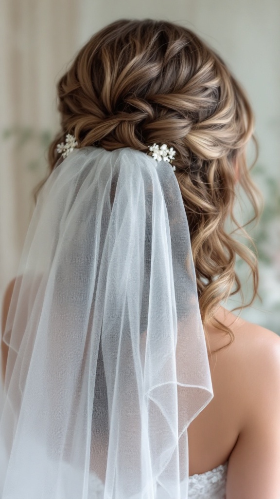 Bridesmaid hairstyle featuring classic loose curls and a veil
