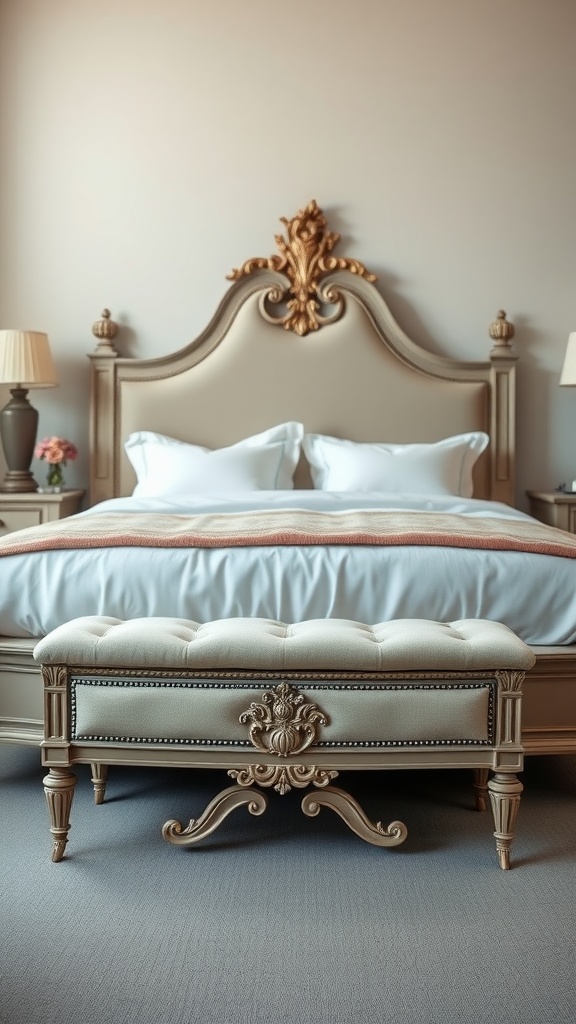 Classic Louis XVI style bench at the end of a bed, featuring tufted upholstery and ornate carvings.