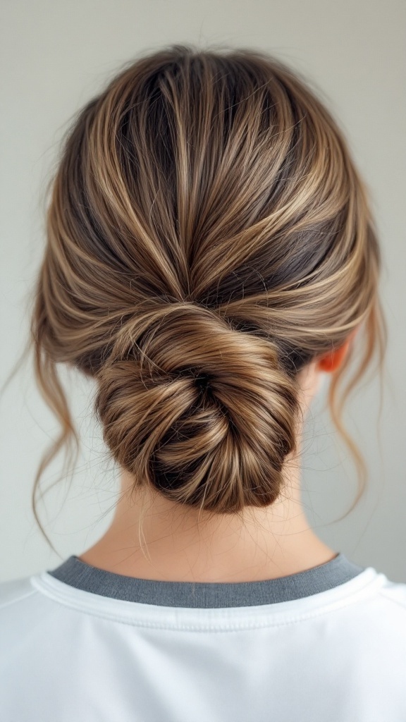 A classic low bun hairstyle, neatly styled with loose strands framing the face.