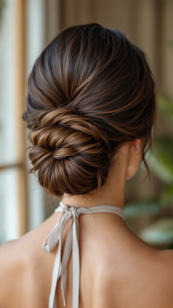 A woman with a low bun hairstyle, styled elegantly to complement a halter neck dress.