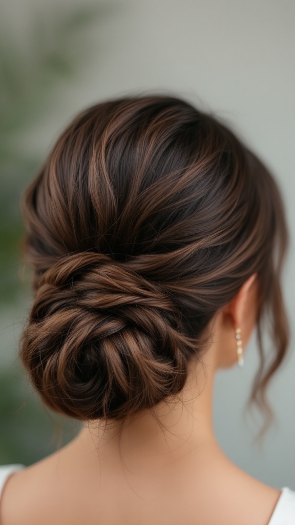 A classic low bun hairstyle with side swept bangs, featuring a loose and elegant design.