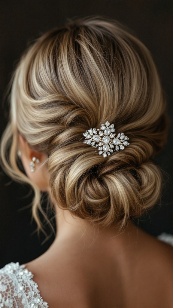 A classic low bun hairstyle with soft twists and a vintage brooch accessory.