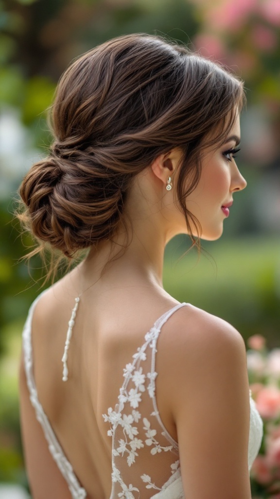 A brunette bridesmaid with a classic low chignon hairstyle, showcasing elegant earrings and delicate lace details on her dress.