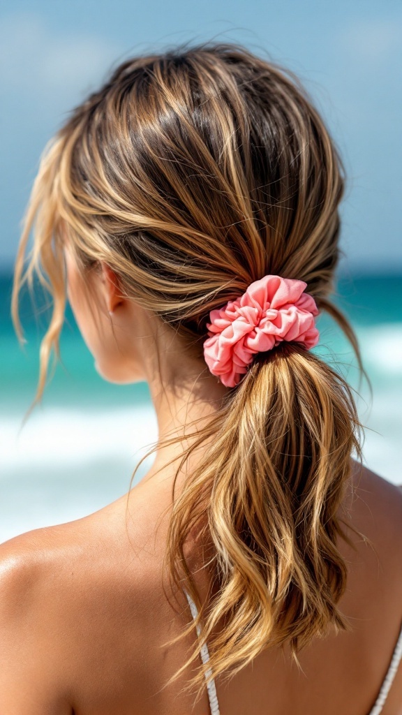 A young girl with a low ponytail secured with a coral scrunchie, viewed from behind, against a beach backdrop.