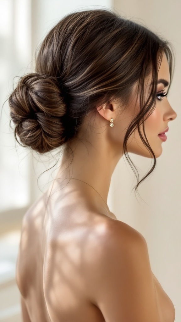 A close-up side view of a woman with a sleek low bun hairstyle.