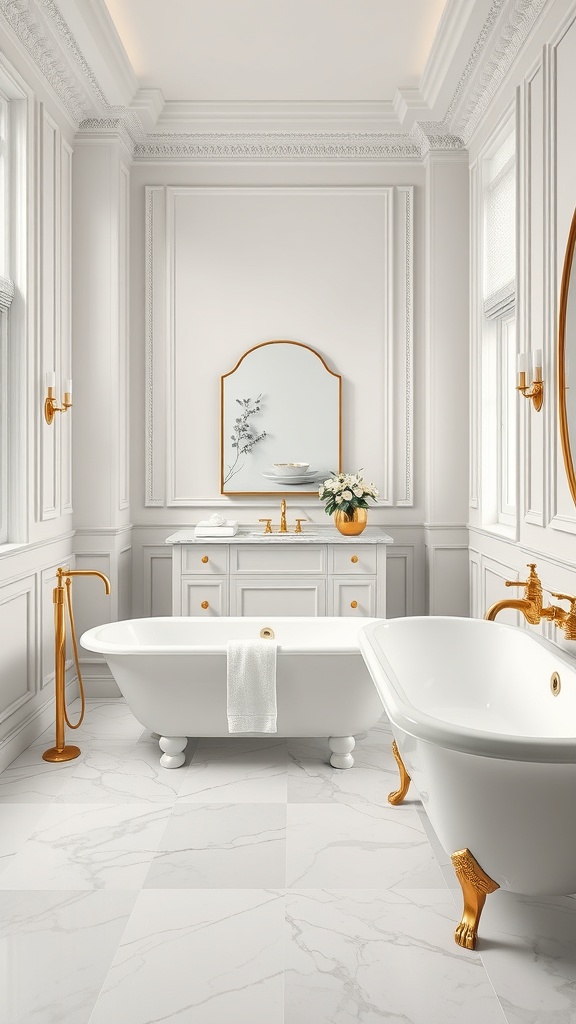 A luxurious bathroom featuring classic marble flooring, white fixtures, and golden accents.