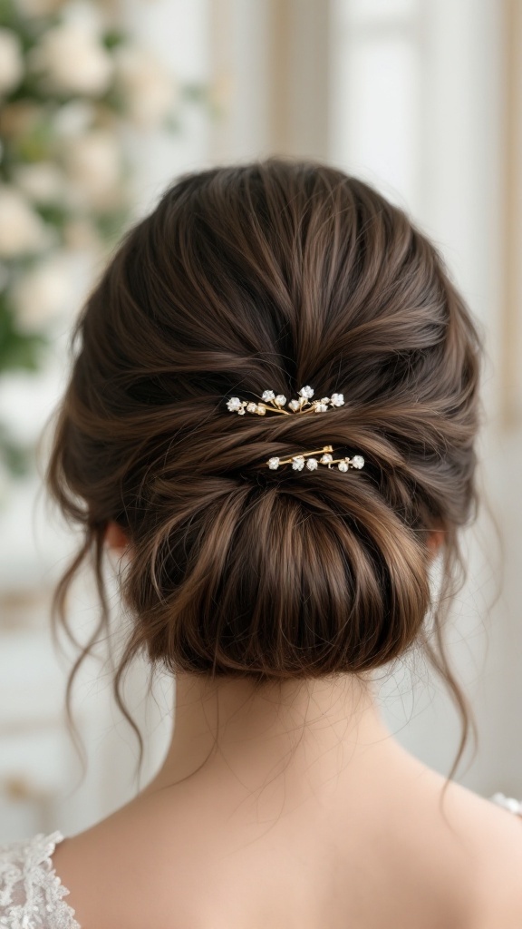 A classic messy bun hairstyle adorned with hairpins, showcasing elegance and style.