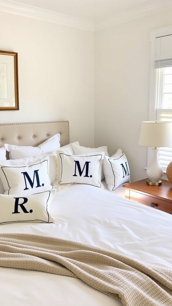 A cozy bed with monogrammed pillows featuring initials M. and R. against a light wall.