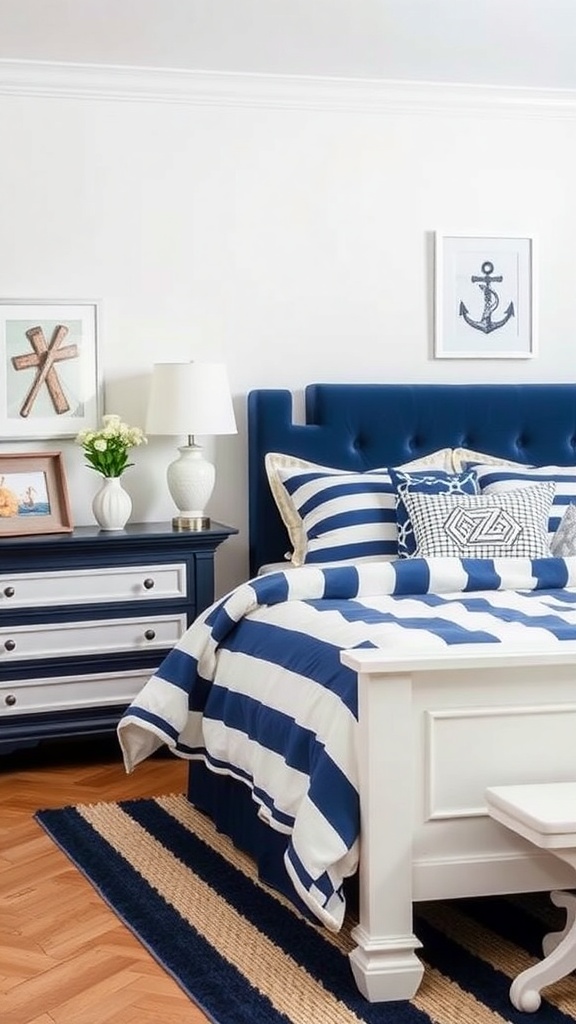 A stylish teen boy's bedroom featuring a navy and white color scheme with striped bedding and nautical decor.