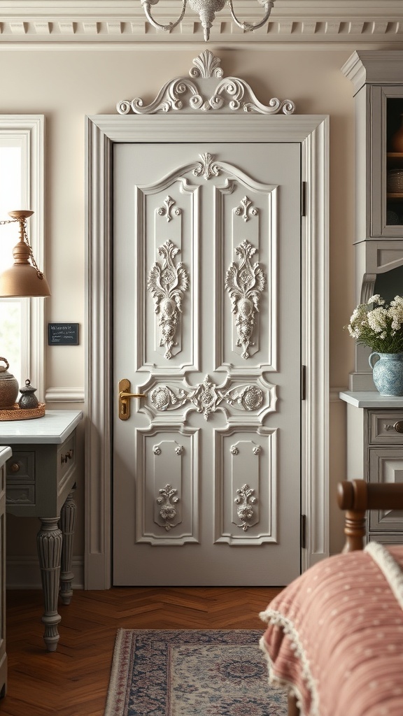 A classic Victorian pantry door with intricate carvings and a decorative design.