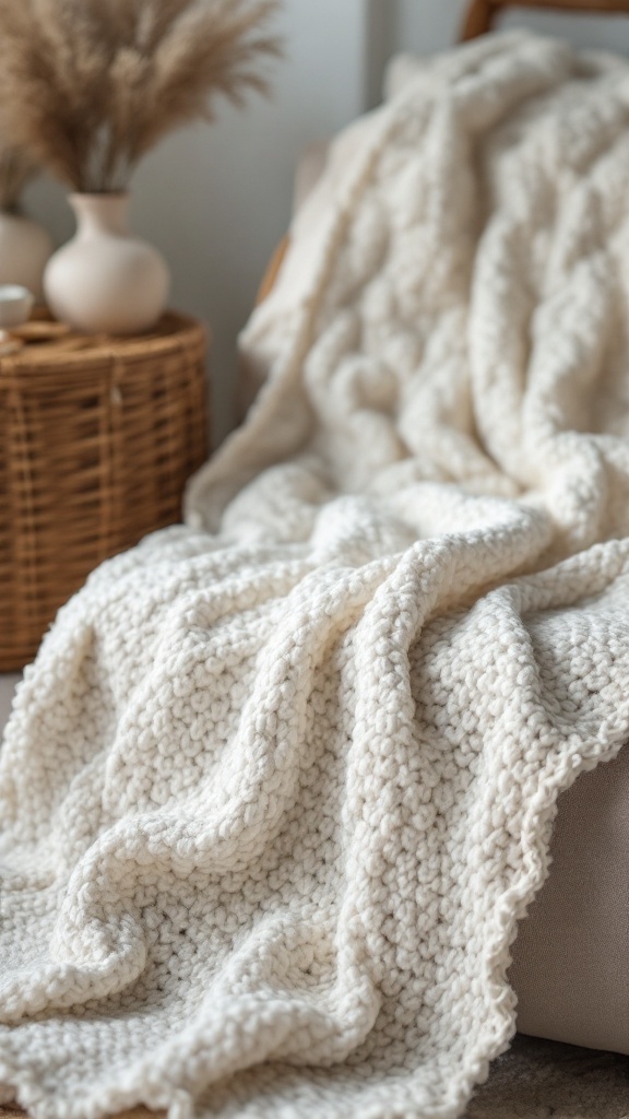 Cream crochet blanket with a textured surface draped over a chair.