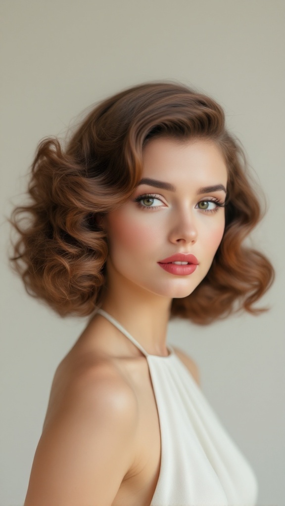 A model with classic pin-up curls, wearing a halter neck dress, showcasing vintage hairstyle.
