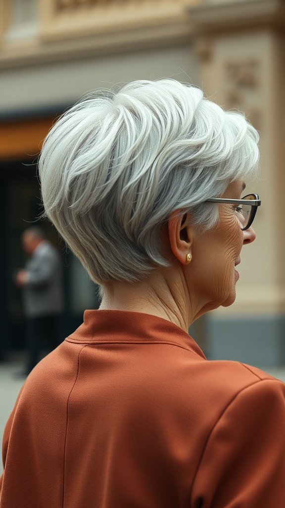 A woman with a stylish pixie cut, showcasing volume and soft layers, looking elegant in an outdoor setting.