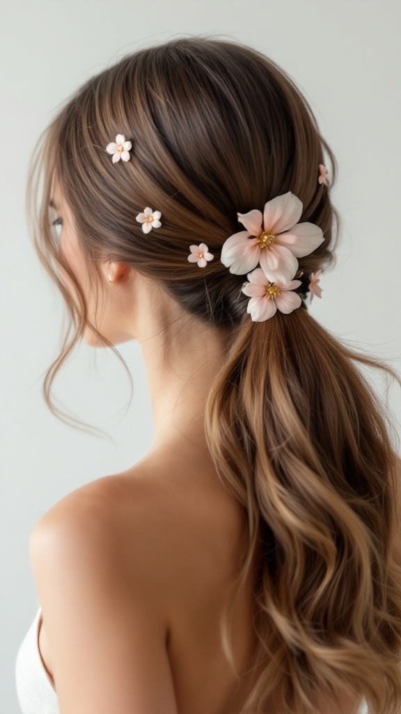 A classic ponytail hairstyle decorated with various flower clips, showcasing a blend of elegance and playfulness.