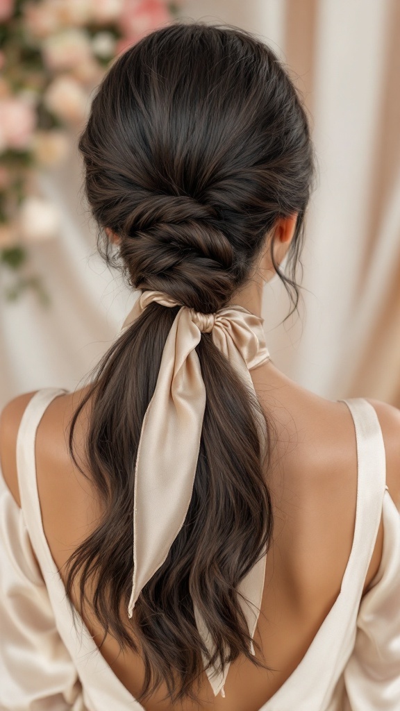 A classic ponytail hairstyle adorned with a silk scarf, showcasing elegance and simplicity.