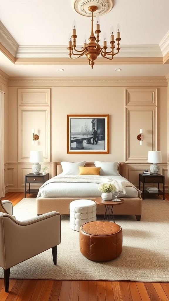 A living room featuring classic raised panel wainscoting, elegant chandelier, and tasteful decor.