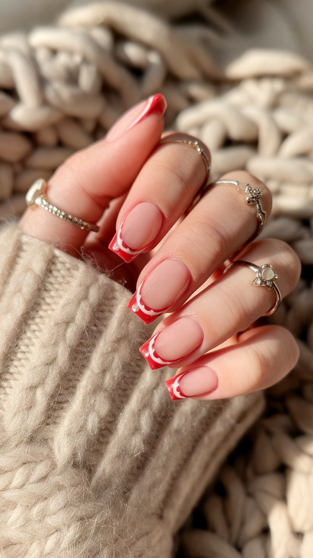 Close-up of hands with classic red tip nails featuring a white design, adorned with rings, resting on a cozy knitted fabric.