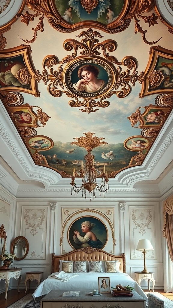 Luxurious bedroom with a beautifully painted ceiling featuring Renaissance-style artwork and elegant furnishings.