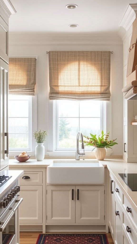 A bright kitchen with classic Roman shades over the windows, showcasing a cozy and stylish atmosphere.