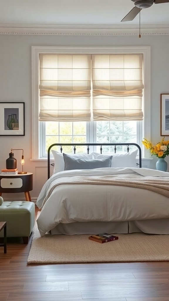 A cozy bedroom featuring classic Roman shades on the window, a neatly made bed, and stylish decor.