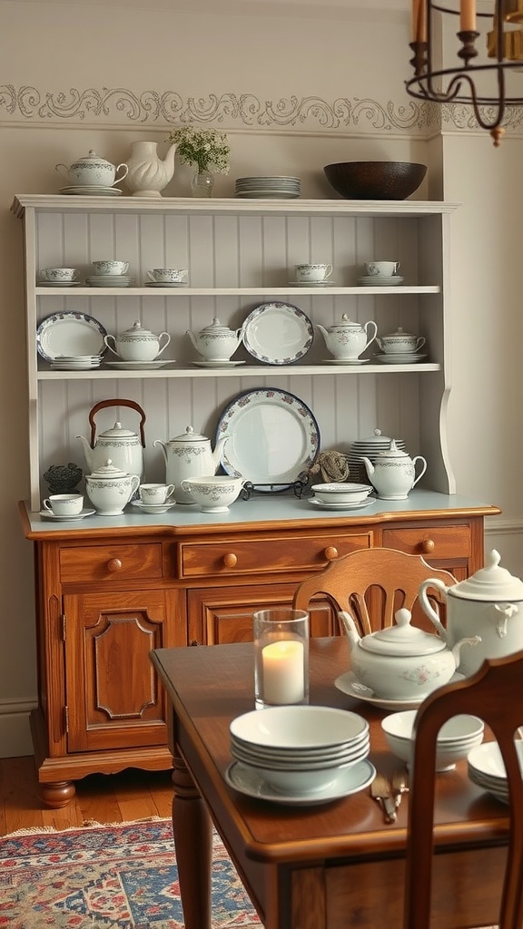 A Victorian kitchen featuring a wooden sideboard with classic serving ware and dinner sets, including teapots and plates, along with a dining table set with plates and a candle.