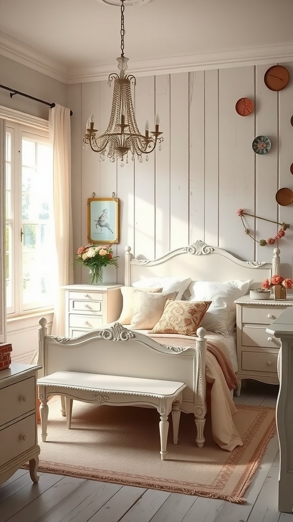 A vintage bedroom featuring shabby chic decor with a chandelier, plush bedding, and charming accessories.