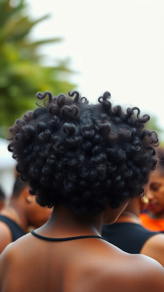 A close-up of a woman's back showcasing a classic short afro hairstyle with tight curls.