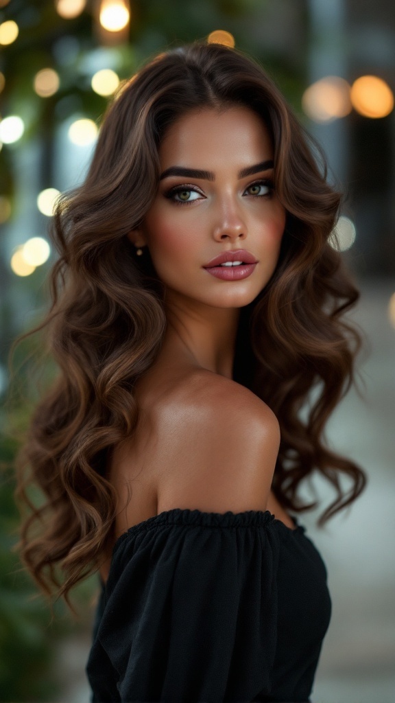 A woman with dark, side-swept curls styled elegantly for a formal occasion.