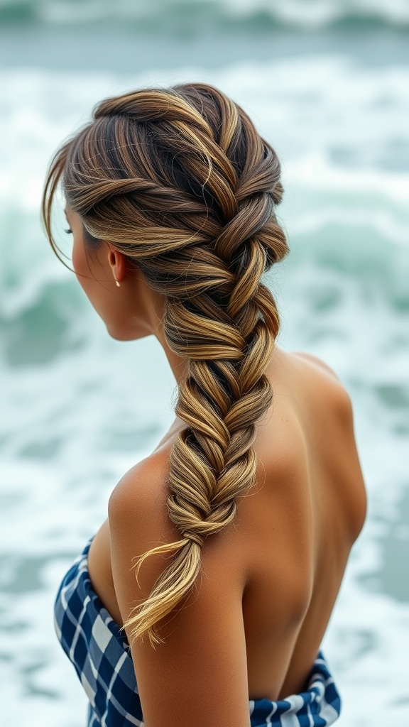 A woman with a classic side braid against a beach backdrop, showcasing a relaxed summer hairstyle.