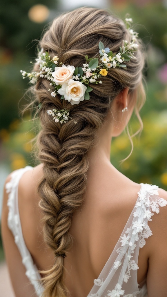 A classic side braid adorned with flowers, showcasing a beautiful hairstyle for bridesmaids.
