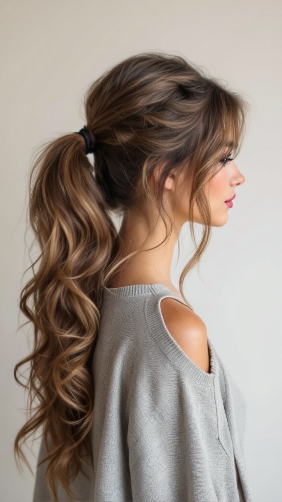 A woman with a side ponytail hairstyle, featuring soft waves and a relaxed look.