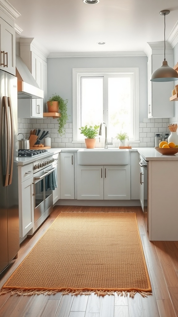 A kitchen with light-colored cabinets and an orange sisal rug on wooden flooring.