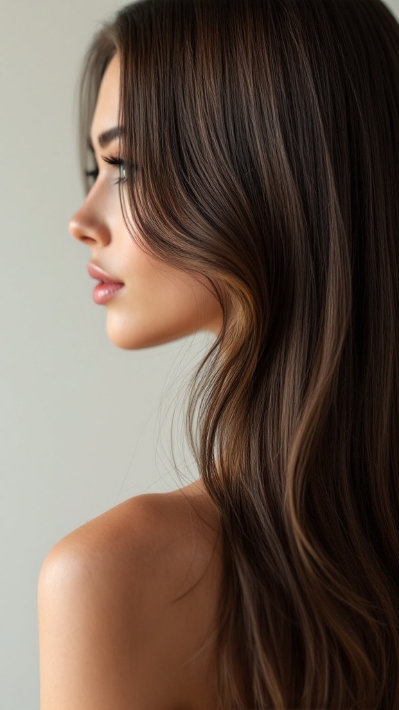 Profile of a woman with long, sleek hair styled in a classic side part