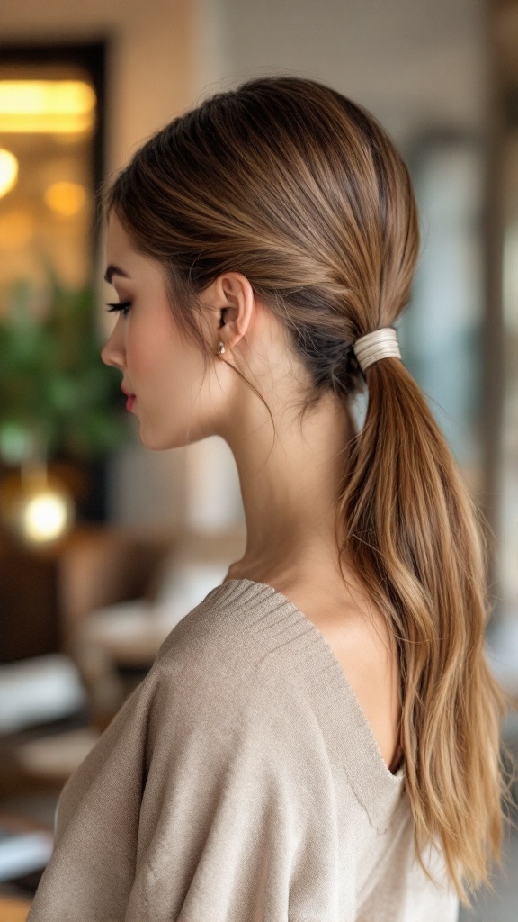 A woman with a classic sleek side ponytail hairstyle, showcasing elegance and simplicity.